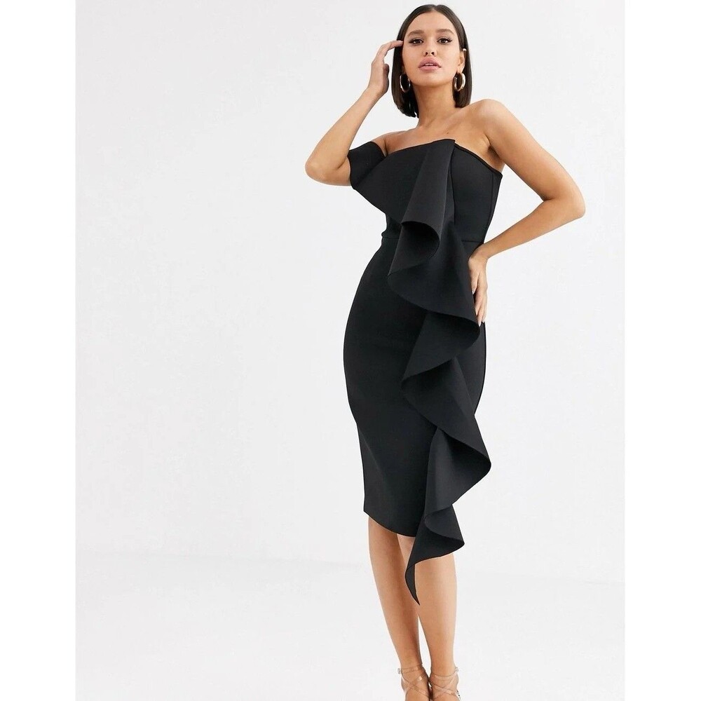Lavish Alice Bardot Exaggerated Frill Scuba Midi Dress Black Off Shoulder US 4